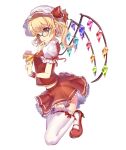  1girl blonde_hair flandre_scarlet glasses hat high_heels highres hisao_0111 red_footwear short_sleeves simple_background solo thighhighs touhou white_background white_legwear wings 