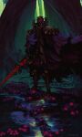  1boy anato_finnstark berserk cape flower highres holding holding_sword holding_weapon looking_at_viewer pink_flower red_eyes skeleton skull skull_knight_(berserk) solo standing sword sword_of_resonance weapon 