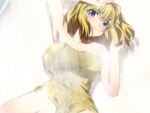  1girl alice_margatroid bangs bare_shoulders blonde_hair blue_eyes blush breasts eyebrows_visible_through_hair hair_between_eyes hairband hand_on_own_head hands_up looking_at_viewer lying medium_breasts red_hairband short_hair showering solo teeth thighs touhou towel water yadokari_genpachirou 