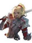  1girl :d aito armor bangs blonde_hair commentary_request cropped_torso fang fate/apocrypha fate_(series) green_eyes hair_ornament hair_scrunchie hand_up highres holding holding_sword holding_weapon long_hair looking_at_viewer mordred_(fate) mordred_(fate)_(all) open_mouth over_shoulder parted_bangs ponytail red_scrunchie scrunchie shiny shiny_hair shoulder_plates simple_background smile solo sword upper_body weapon weapon_over_shoulder white_background 