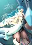  1girl :o absurdres ahoge artist_request blue_background blue_eyes blue_hair boots character_name company_name copyright_name gloves hair_between_eyes highres leotard long_hair music official_art pantyhose singing standing thigh_boots thighhighs tsuji643163271 vivy vivy:_fluorite_eye&#039;s_song white_footwear white_gloves wit_studio 