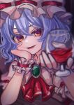  1girl brooch cup drinking_glass hand_on_own_face hat highres holding holding_cup jewelry mob_cap open_mouth purple_hair remilia_scarlet sekkaku_nuru short_hair short_sleeves solo touhou wine_glass 