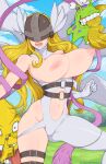  1girl afrobull angel_wings angewomon areolae blonde_hair blush breasts breasts_outside clothing_cutout colored_skin covered_eyes digimon digimon_(creature) embarrassed green_skin highres large_breasts long_hair mask navel navel_cutout nipples numemon open_mouth scumon thigh_strap wings yellow_skin 