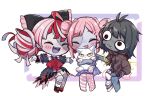  3girls @_@ ^_^ ajisai_eurydice animal bandaged_arm bandaged_leg bandages bangs black_bow black_dress blush bow brown_eyes brown_hoodie cat chibi closed_eyes colored_skin double_bun dress eyebrows_visible_through_hair fang fang_out fangs green_hair grey_hair grey_skin hair_bow hair_ornament hairclip hand_on_own_knee highres holding holding_animal holding_cat hololive hololive_indonesia hood hoodie indie_virtual_youtuber kureiji_ollie multicolored_hair multiple_girls open_hands patchwork_skin poking red_bow red_hair second-party_source short_hair torn_clothes torn_dress trait_connection virtual_youtuber vyolfers zombie zonbko 