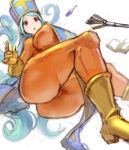 1girl ass bodysuit breasts dragon_quest dragon_quest_iii from_below gloves kazo large_breasts looking_at_viewer looking_down mitre parted_lips priest_(dq3) red_eyes solo thick_thighs thighs yellow_footwear yellow_gloves 