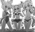  3girls ahoge animal_ear_fluff animal_ears arknights arms_up bangs beach bikini blush closed_mouth dusonson fox_ears fox_girl fox_tail frilled_bikini frills grey_hairband greyscale hair_ornament hair_rings hairband kneeling korean_commentary looking_at_viewer lotion mechanical_arms monochrome multiple_girls multiple_tails navel one-piece_swimsuit oripathy_lesion_(arknights) prosthesis prosthetic_arm ribbon_bra short_hair sidelocks single_mechanical_arm smile sunscreen sussurro_(arknights) suzuran_(arknights) swimsuit tail thigh_gap tsurime vermeil_(arknights) 