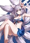  1girl animal_ears azur_lane bikini blue_bikini blue_eyes blue_sarong eyeliner fox_ears fox_girl fox_mask fox_tail highres kaga_(azur_lane) kaga_(everlasting_killing_stone)_(azur_lane) kitsune kyuubi makeup mask mask_on_head multiple_tails official_alternate_costume ramuya_(lamb) sarong swimsuit tail white_hair white_tail 