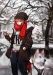  1girl absurdres arknights bare_tree beanie black_headwear blue_pants blurry brown_gloves brown_jacket cameo cellphone chinese_commentary crownslayer_(arknights) depth_of_field dog feet_out_of_frame gloves hand_in_pocket hat highres holding holding_phone jacket looking_at_viewer orange_eyes orange_hair outdoors pants phone red_scarf scar_on_arm scarf short_hair snow solo sticker tail talulah_(arknights) tree winter wolf_tail zxny 