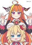  2girls ahoge akai_haato bangs black_jacket blonde_hair blue_eyes blunt_bangs blush_stickers bow braid brown_hairband claw_pose closed_mouth collared_shirt commentary diagonal-striped_bow dragon_girl dragon_horns eyebrows_visible_through_hair fang fangs hair_ornament hairband heart heart_hair_ornament highres hololive horn_bow horns jacket kiryu_coco kukie-nyan long_hair multicolored multicolored_eyes multicolored_hair multiple_girls open_mouth orange_hair pointy_ears purple_eyes red_eyes red_ribbon ribbon shirt shrugging side_braid sidelocks simple_background single_braid skin_fang skin_fangs smile streaked_hair striped striped_bow twintails twitter_username very_long_hair virtual_youtuber w_arms white_background white_shirt 