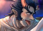  1boy absurdres bara beard blush broken_horn close-up collarbone completely_nude dark_blue_hair demon_boy demon_horns face facial_hair fang fiery_horns forked_eyebrows highres horns huge_filesize kageru_(mofnyan) long_sideburns looking_at_viewer male_focus mature_male muscular muscular_male nude point_ears pointy_ears red_eyes saliva sexually_suggestive short_hair sideburns smug solo stubble takemaru_(tokyo_houkago_summoners) thick_eyebrows tokyo_houkago_summoners tongue tongue_out 