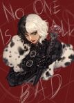  1girl bangs black_hair cruella_(film) cruella_de_vil english_text fur_trim grey_eyes highres holding holding_staff morry multicolored_hair short_hair signature smile solo staff two-tone_hair white_hair 