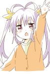  1girl antenna_hair arm_up chestnut_mouth hair_ribbon highres long_hair looking_at_viewer miyauchi_renge namori non_non_biyori nyanpassu~ open_mouth purple_hair red_eyes ribbon simple_background solo twintails white_background yellow_ribbon 