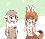  2girls animal_ears blush borrowed_garments bow bowtie brown_eyes brown_vest commentary_request dhole_(kemono_friends) dog_ears dog_girl dog_tail eyebrows_visible_through_hair eyewear_switch glasses grey_hair grey_sweater japari_symbol kemono_friends korean_commentary light_brown_hair long_sleeves meerkat_(kemono_friends) meerkat_ears multicolored_hair multiple_girls pleated_skirt san_sami shirt short_hair skirt sleeveless sweater tail two-tone_hair vest white_neckwear white_shirt white_vest 