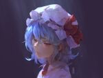  1girl bow closed_mouth frilled_shirt_collar frills hat hat_ribbon highres kureihii light_purple_hair light_rays looking_down mob_cap purple_hair red_bow red_eyes red_ribbon remilia_scarlet ribbon short_hair solo sunlight touhou 
