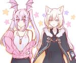  2girls animal_ears arknights bare_shoulders bat_wings blonde_hair blush cardigan cat_ears chinese_commentary coat commentary_request dog_tags fur-trimmed_coat fur_trim head_wings heterochromia long_hair long_sleeves manticore_(arknights) multiple_girls nightmare_(arknights) off_shoulder open_clothes open_coat open_mouth pointy_ears purple_eyes purple_hair some_doctor_(mou_boshi) tank_top twintails wings 