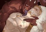  2boys abs bara bare_pectorals beard blonde_hair chest_hair colored_skin cross cross_necklace demon_horns demon_tail facial_hair groping highres horns implied_handjob interspecies jewelry kimidori_(dera_kimidori) large_pectorals licking long_tongue male_focus male_pubic_hair mature_male monster_boy multiple_boys muscular muscular_male neck_licking necklace nipples no_pupils on_bed open_clothes original out-of-frame_censoring pectorals priest pubic_hair red_skin short_hair size_difference stomach sweat tail tearing_up tongue yaoi 