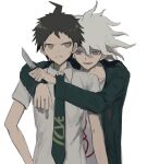  2boys ahoge arm_around_shoulder bangs brown_eyes brown_hair coat collared_shirt commentary_request danganronpa_(series) danganronpa_2:_goodbye_despair green_coat grey_background grey_hair grey_shirt hinata_hajime holding iumi_urura komaeda_nagito long_sleeves looking_at_another male_focus messy_hair multiple_boys necktie open_mouth print_shirt shirt short_sleeves simple_background smile spiked_hair sweat upper_body weapon white_background 