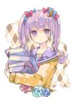  1girl :&lt; alternate_costume blue_flower book closed_mouth crescent crescent_hair_ornament flower green_flower hair_ornament holding holding_book long_sleeves looking_at_viewer patchouli_knowledge purple_eyes purple_hair red_flower sailor_collar simple_background solo touhou upper_body white_background yuineko 