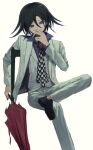  1boy bangs black_footwear black_hair checkered commentary_request danganronpa_(series) danganronpa_10th_anniversary_costume danganronpa_v3:_killing_harmony hair_between_eyes highres holding invisible_chair iumi_urura jacket long_sleeves looking_at_viewer male_focus official_alternate_costume ouma_kokichi pants purple_eyes purple_hair red_umbrella scarf shirt shoes short_hair simple_background sitting smile solo umbrella white_jacket white_pants 