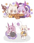 2girls ? animal_ears arknights bangs bat_wings blonde_hair blunt_bangs cardigan cat_ears chibi chinese_commentary commentary_request head_wings heart heterochromia long_hair long_sleeves manticore_(arknights) manticore_(invisible_dirge)_(arknights) multiple_girls nightmare_(arknights) official_alternate_costume pointy_ears purple_eyes purple_hair scarf scorpion_tail shared_scarf some_doctor_(mou_boshi) staff tail twintails wings yarn yarn_ball 