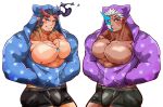  2boys abs alternate_costume bara bare_pectorals black_male_underwear blue_hoodie blue_jacket blush boxers broken_horn bulge bursting_pectorals dark-skinned_male dark_blue_hair dark_skin demon_horns facial_hair fang fiery_horns half_mask highres hood hood_up hoodie horns jacket jewelry kizami_nori_to_yamaimo large_pectorals long_sideburns looking_at_viewer male_focus male_underwear mature_male monster_boy multiple_boys muscular muscular_male necklace nipples no_pupils open_clothes open_jacket partially_unbuttoned pectorals purple_hoodie purple_jacket short_hair shuten_douji_(tokyo_houkago_summoners) sideburns single_horn stubble takemaru_(tokyo_houkago_summoners) thick_eyebrows tokyo_houkago_summoners underwear white_hair 