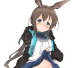  1girl amiya_(arknights) animal_ears arknights bangs black_jacket blue_eyes blue_skirt blush breasts brown_hair bunny_ears center_frills closed_mouth clothes_lift commentary_request eyebrows_visible_through_hair frills hair_between_eyes highres hood hood_down hooded_jacket jacket lifted_by_self long_hair long_sleeves looking_at_viewer momio navel nose_blush open_clothes open_jacket out-of-frame_censoring pleated_skirt puffy_long_sleeves puffy_sleeves shirt simple_background skirt skirt_lift small_breasts solo white_background white_shirt 