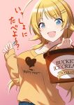  1girl :d ahoge amochin blonde_hair blue_eyes blue_pants blush breasts bucket commentary_request eyebrows_visible_through_hair food hachimiya_meguru hair_ornament hairclip holding holding_bucket holding_spoon ice_cream idolmaster idolmaster_shiny_colors large_breasts long_sleeves looking_at_viewer low_twintails open_mouth orange_shirt pants pink_background print_shirt shirt smile solo spoon translated twintails 