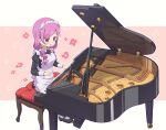  1girl apron black_footwear blue_eyes floral_background frills gochuumon_wa_usagi_desu_ka? instrument karede_yura long_hair long_sleeves maid maid_apron maid_headdress mary_janes mohei music open_mouth piano piano_keys pink_hair playing_instrument playing_piano shoes simple_background sitting solo white_legwear 