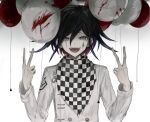  1boy :d balloon bangs black_hair blood buttons checkered checkered_neckwear checkered_scarf danganronpa_(series) danganronpa_v3:_killing_harmony double-breasted double_v gradient gradient_background grey_background grey_jacket iumi_urura jacket long_sleeves looking_at_viewer male_focus open_mouth ouma_kokichi purple_eyes purple_hair scarf smile solo tongue upper_teeth v 