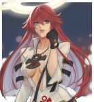  1girl ankh aria_(guilty_gear) belt bodysuit gloves green_eyes guilty_gear guilty_gear_strive halo highres jack-o&#039;_valentine jewelry kthovhinao_virmi long_hair looking_at_viewer necklace red_hair straight_hair 