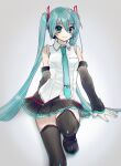  1girl absurdres aqua_eyes aqua_hair aqua_nails aqua_neckwear arm_behind_back bare_shoulders black_legwear black_skirt black_sleeves commentary detached_sleeves hair_ornament hatsune_miku hatsune_miku_(vocaloid4) headphones highres ishitsuki_(_0101_831) knee_up long_hair looking_at_viewer miniskirt nail_polish neck_ribbon pleated_skirt ribbon shirt shoulder_tattoo sitting skindentation skirt sleeveless sleeveless_shirt smile solo tattoo thighhighs twintails v4x very_long_hair vignetting vocaloid white_shirt zettai_ryouiki 