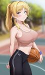  1girl :o absurdres ahoge ball bangs basketball basketball_court black_pants blonde_hair blue_eyes blue_wristband blush breasts chagama_teishoku cleavage collarbone ears eyebrows_visible_through_hair hachimiya_meguru hair_ornament hairclip highres holding holding_ball idolmaster idolmaster_shiny_colors large_breasts long_hair looking_at_viewer midriff navel outdoors pants ponytail sidelocks solo sports_bra sweat symbol_commentary under_armour wristband yoga_pants 