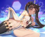  1girl armlet bangs bikini black_hair black_legwear blush bracelet breasts detached_sleeves earrings fate/grand_order fate_(series) gold_trim hair_ribbon highres hoop_earrings ishtar_(fate) ishtar_(fate)_(all) jewelry kabocha_(monkey4) long_hair looking_at_viewer lying medium_breasts navel neck_ring on_side parted_bangs red_eyes ribbon single_detached_sleeve single_thighhigh solo swimsuit thighhighs thighlet thighs tiara twintails two_side_up white_bikini 