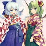  2girls alternate_costume bangs blue_bow blue_eyes blue_hair bow cirno closed_mouth commentary_request daiyousei eyebrows_visible_through_hair fairy_wings fang green_eyes green_hair hair_bow hair_ornament hakama ice ice_wings japanese_clothes kanzashi kimono long_sleeves looking_at_another medium_hair multiple_girls obi open_mouth sash short_hair side_ponytail sidelocks smile standing tomobe_kinuko touhou wide_sleeves wings yagasuri 
