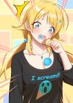  1girl ahoge amochin black_shirt blonde_hair blue_eyes blush breasts cleavage clothes_writing collarbone commentary_request eating english_text food food_on_breasts hachimiya_meguru hair_ornament hairclip ice_cream ice_cream_cone idolmaster idolmaster_shiny_colors jewelry large_breasts long_hair looking_at_viewer low_twintails necklace open_mouth print_shirt shirt solo star_(symbol) star_hair_ornament twintails wavy_mouth 