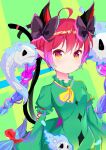  1girl absurdres animal_ears bangs black_bow bow breasts cat_ears cat_tail closed_mouth dress eyebrows_visible_through_hair ghost green_background green_dress green_sleeves hair_between_eyes hair_bow highres kaenbyou_rin long_hair long_sleeves looking_at_viewer multicolored multicolored_eyes red_bow red_eyes red_hair shinrabanshou_(ehjs2237) small_breasts tail touhou yellow_eyes yellow_neckwear 