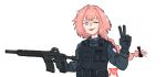  1boy ar-15 assault_rifle astolfo_(fate) bangs black_gloves fate/grand_order fate_(series) french_flag gavriil_mb1 gloves gun hair_between_eyes hair_ribbon highres holding holding_gun holding_weapon long_hair long_sleeves looking_at_viewer one_eye_closed open_mouth pink_eyes pink_hair ribbon rifle simple_background solo tactical_clothes v weapon white_background 