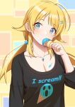  1girl ahoge amochin black_shirt blonde_hair blue_eyes blush breasts cleavage clothes_writing collarbone commentary_request eating english_text food food_on_breasts hachimiya_meguru hair_ornament hairclip ice_cream ice_cream_cone idolmaster idolmaster_shiny_colors jewelry large_breasts long_hair looking_at_viewer low_twintails necklace print_shirt shirt solo star_(symbol) star_hair_ornament twintails 
