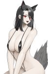  1girl absurdres animal_ears black_hair black_swimsuit breasts cleavage cowboy_shot hair_between_eyes highres large_breasts long_hair navel norunollu open_mouth original red_eyes simple_background slingshot_swimsuit smile solo swimsuit tail white_background 
