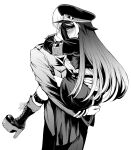  1boy 1girl armband azur_lane bangs black_hair blush boots carrying commander_(azur_lane) deutschland_(azur_lane) goggles goggles_on_headwear greyscale hat iron_cross long_hair military military_hat military_uniform monochrome multicolored_hair streaked_hair takeakigaku uniform white_background 