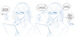  ... 2girls arrow_(symbol) bangs blue_theme blush braid closed_mouth contemporary english_text faceless genshin_impact glasses highres hinagi_(fox_priest) holding keqing_(genshin_impact) long_hair monochrome multiple_girls ningguang_(genshin_impact) open_mouth parted_bangs smile solo_focus speech_bubble sweat thought_bubble 