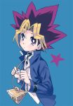  1boy amezawa_koma blonde_hair blue_background blue_jacket bright_pupils closed_mouth dot_mouth hands_up jacket long_sleeves looking_at_viewer millennium_puzzle multicolored_hair mutou_yuugi open_clothes open_jacket parted_lips purple_eyes purple_hair shirt simple_background solo two-tone_hair white_pupils white_shirt yu-gi-oh! yu-gi-oh!_duel_monsters 