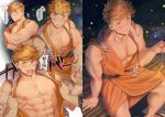  1boy abs assisted_exposure bara bare_pectorals bare_shoulders blonde_hair blush collage granblue_fantasy green_eyes higashigunkan japanese_clothes kimono large_pectorals looking_at_viewer male_focus multiple_views muscular muscular_male nipples open_clothes open_kimono orange_kimono pectorals short_hair sideburns sitting sleeves_rolled_up smile solo_focus sweat translated undressing vane_(granblue_fantasy) 