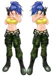  1girl abs adjusting_clothes adjusting_gloves ammunition_pouch armlet bare_shoulders belt blue_eyes blue_hair breasts camouflage camouflage_pants dog_tags earrings eyes gloves highres jewelry leona_heidern midriff military military_uniform multicolored_hair multiple_persona pants ponytail pouch single_glove sk_(sk-g) sleeveless solo standing tank_top the_king_of_fighters the_king_of_fighters_xiv the_king_of_fighters_xv triangle_earrings uniform white_background yellow_tank_top 