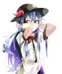  1girl black_headwear blue_hair bow bowtie brown_eyes buttons commentary_request eyebrows_visible_through_hair food fruit gorilla_(bun0615) hair_between_eyes hat highres hinanawi_tenshi leaf lens_flare long_hair looking_at_viewer peach puffy_short_sleeves puffy_sleeves red_bow red_neckwear shirt short_sleeves simple_background solo touhou upper_body white_background white_shirt 