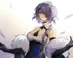  1girl arknights bare_shoulders black_gloves blue_eyes breasts chinese_commentary commentary_request corrupted_exif_data elbow_gloves feather_boa gloves highres long_hair medium_breasts purple_hair qinglai_haiji solo upper_body whisperain_(arknights) whisperain_(tremble_cold)_(arknights) 