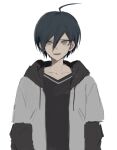  1boy :d ahoge alternate_costume bangs black_hair black_shirt brown_eyes collarbone commentary_request danganronpa_(series) danganronpa_v3:_killing_harmony hair_between_eyes hood hood_down hooded_jacket iumi_urura jacket long_sleeves looking_at_viewer male_focus open_clothes open_jacket open_mouth saihara_shuuichi shirt simple_background smile solo upper_body white_background 