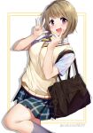  1girl :d bag bangs blunt_bangs brown_hair commentary_request eyebrows_visible_through_hair green_skirt highres looking_at_viewer love_live! love_live!_nijigasaki_high_school_idol_club nakano_maru nakasu_kasumi open_mouth pink_eyes plaid plaid_skirt short_hair short_sleeves simple_background skirt smile solo twitter_username v_over_mouth w white_background 