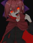 1girl black_background black_shirt bow bright_pupils cloak eyebrows_visible_through_hair hair_bow highres long_sleeves looking_at_viewer open_mouth purple_bow red_eyes red_hair scar sekibanki sekibanki_day shirt short_hair simple_background solo tongue touhou upper_body white_pupils yami_nabe 