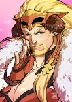  1boy beard blonde_hair blush cleavage_cutout clothing_cutout earrings facial_hair goatee granblue_fantasy horns jewelry ladiva large_pectorals long_hair looking_at_viewer male_cleavage male_focus mature_male muscular muscular_male mustache pectorals portrait ryuuki_garyuu smile solo transgender upper_body whispering wrestling_mask 